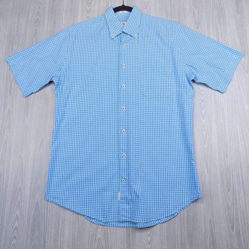 Peter Millar Gingham Check Shirt Mens Medium Blue Short Sleeve Button Down EUC